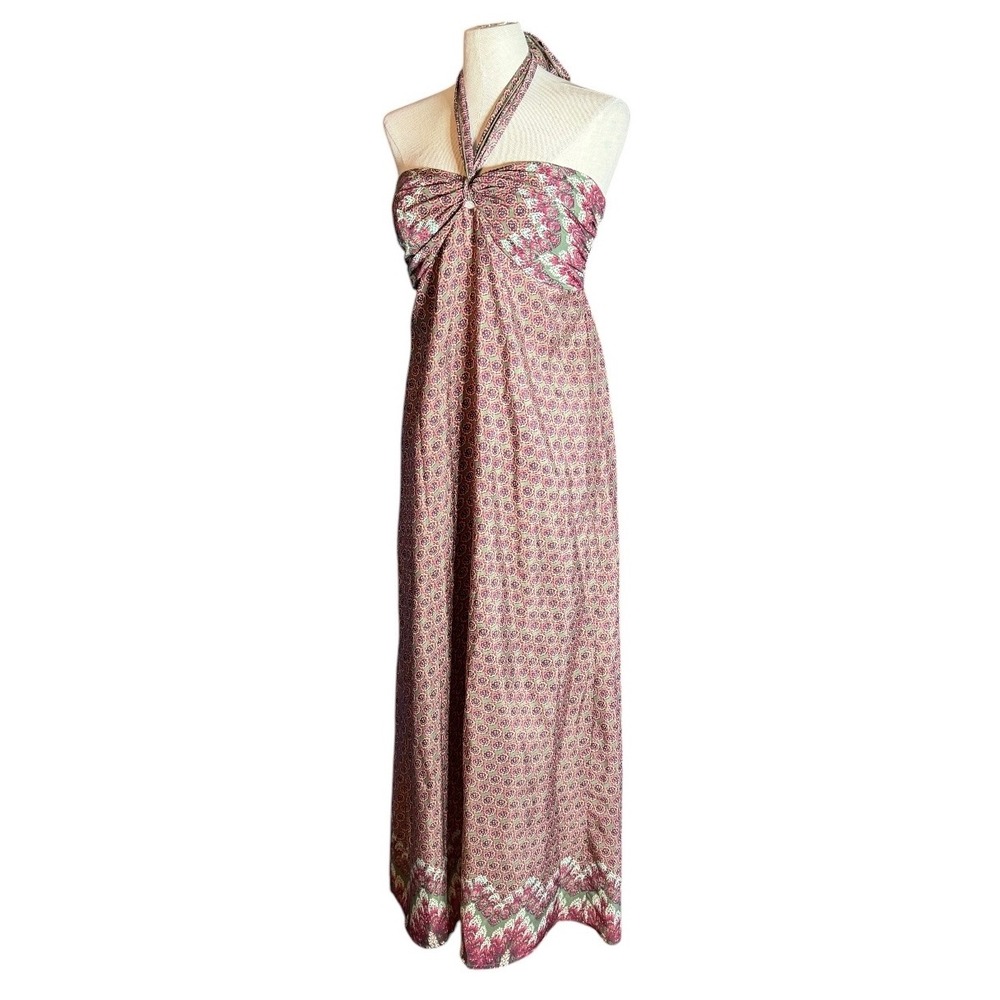 Attention Pink Green Geometric Floral Smocked Halter Maxi Dress Large - Picture 3 of 6